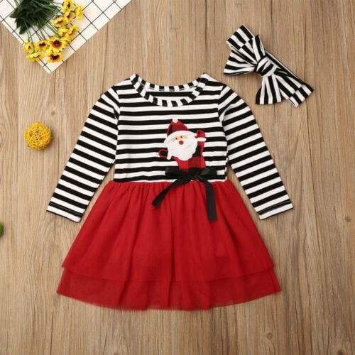 Xmas Infant Baby Kids Girl Clothes Long Sleeve Christmas Party Princess Dress
